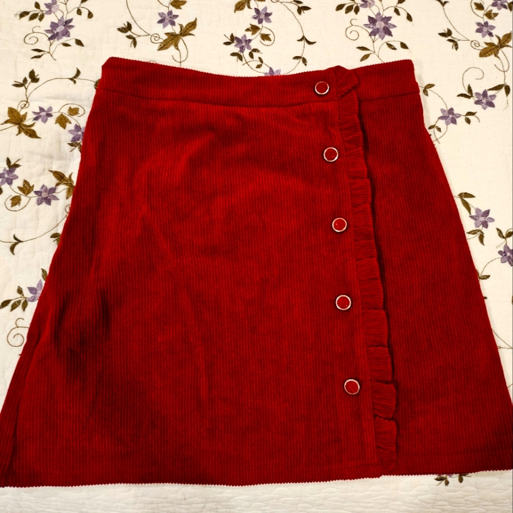RIHOAS Red Corduroy Ruffle Button Mini Skirt